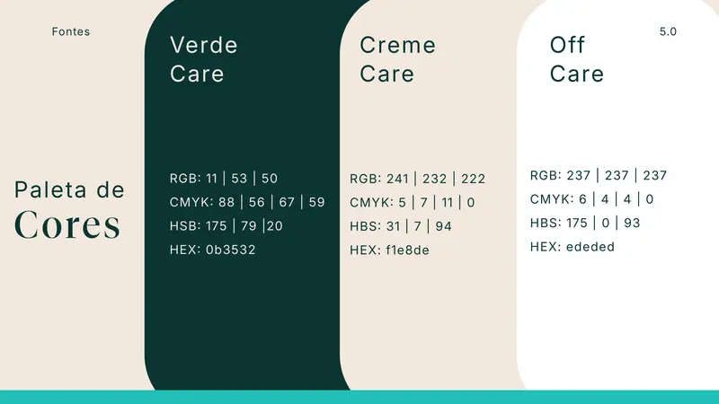 Página do manual — paleta de cores: Verde Care, Creme Care e Off Care, com códigos RGB/CMYK/HEX