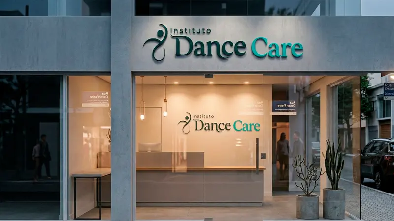 Fachada do Instituto Dance Care com a marca aplicada na sinalização
