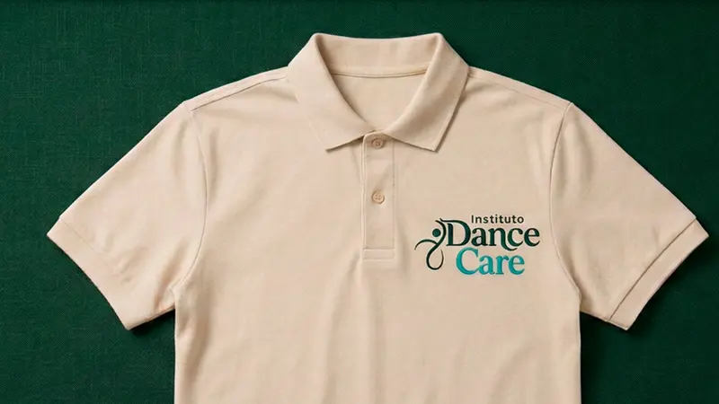 Aplicação da marca em uniforme — polo bege bordada