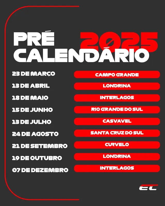 Pré-calendário 2025 com as etapas da temporada